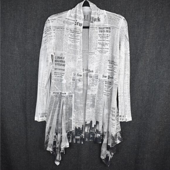 Cover Charge White Mesh Cardigan New York Newspaper Print Maximalist size SMALL - Picture 1 of 9